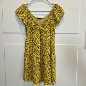 Yellow Floral Mini Dress Scobe Medium Short Sleeve Sweetheart Neckline Sun Dress